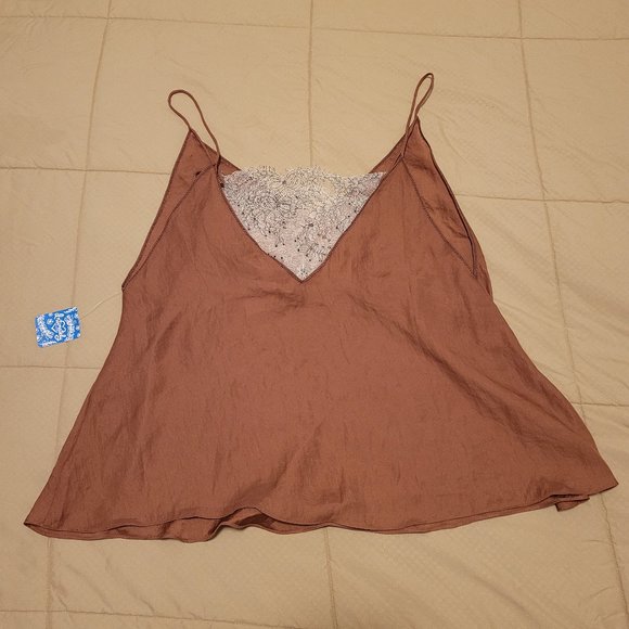 Free People CRIMSON (RED) LACE INSET PLUNGING CAMISOLE TANK TOP / CAMI - Picture 8 of 13